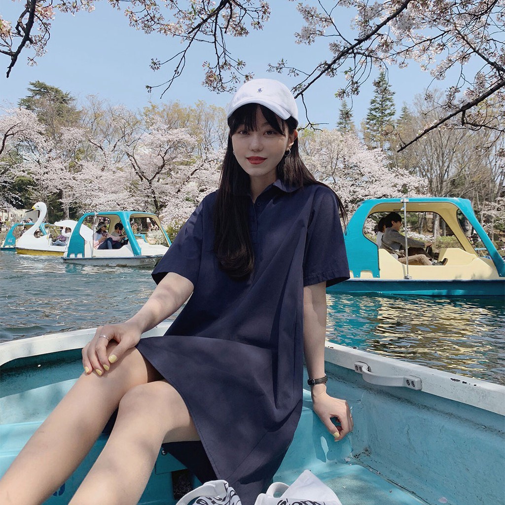 Đầm sơ mi Peppermint 28322 tay ngắn cổ polo màu trơn cao cấp