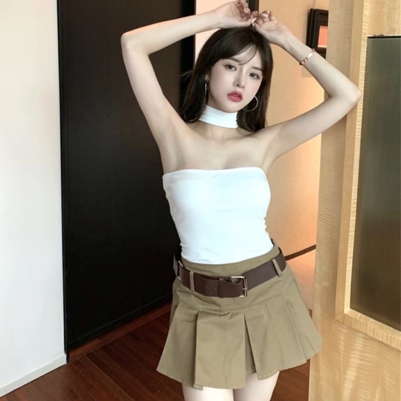 Áo croptop trắng cổ choker vải dày dặn mát có sẵn