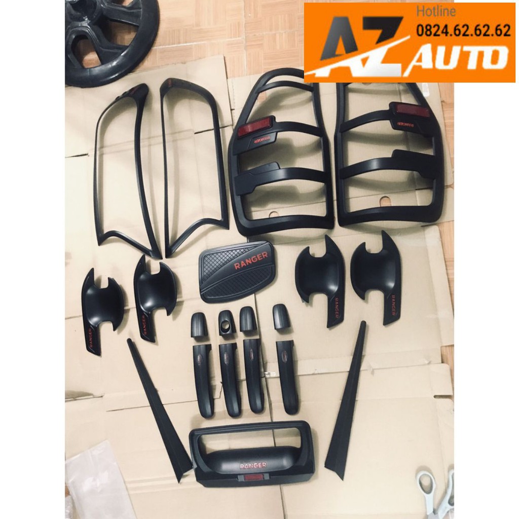 Bộ ốp đèn pha, đèn hậu, hõm,tay cửa, nắp xăng, hõm cốp đen Ford Ranger 2016-2023- hàng cao cấp