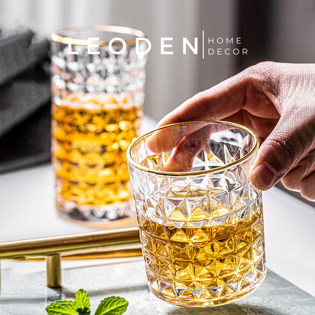 Cốc thủy tinh uống nước trong suốt kim cương viền mạ vàng phong cách Hàn Quốc, ly thuỷ tinh chịu nhiệt – LEODEN Decor