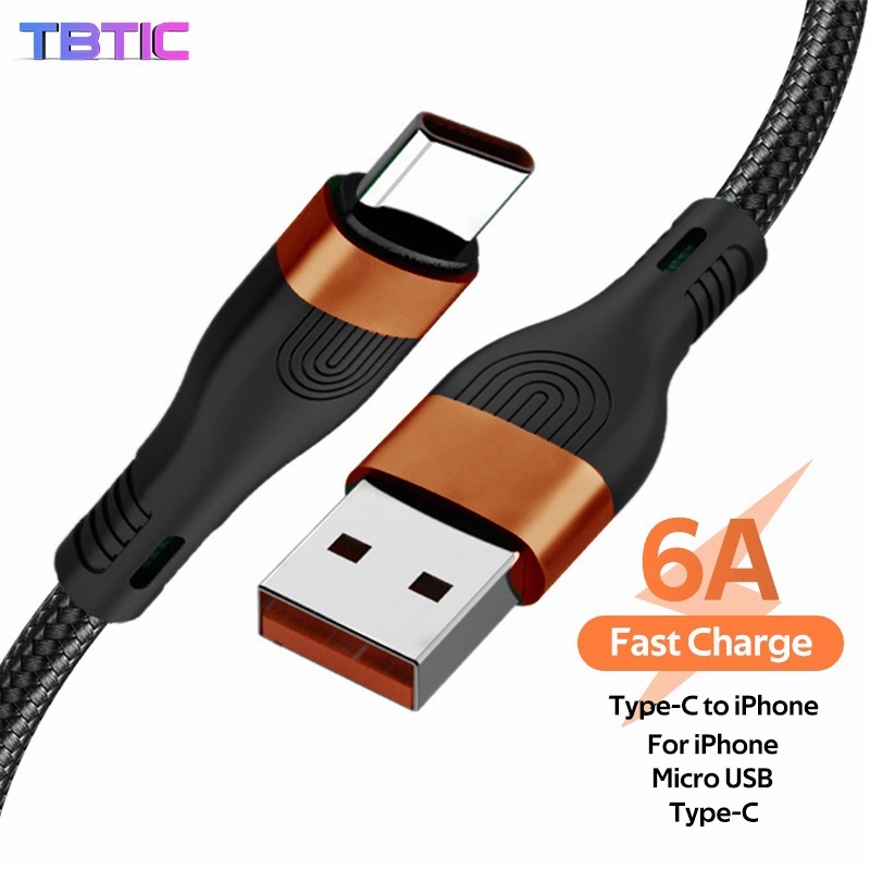 Dây cáp sạc TBTIC 2M 6A 66W Type C 3A Micro USB PD chuyên dụng cho Oneplus iPhone Huawei Xiaomi Redmi OPPO Vivo Realme Reno