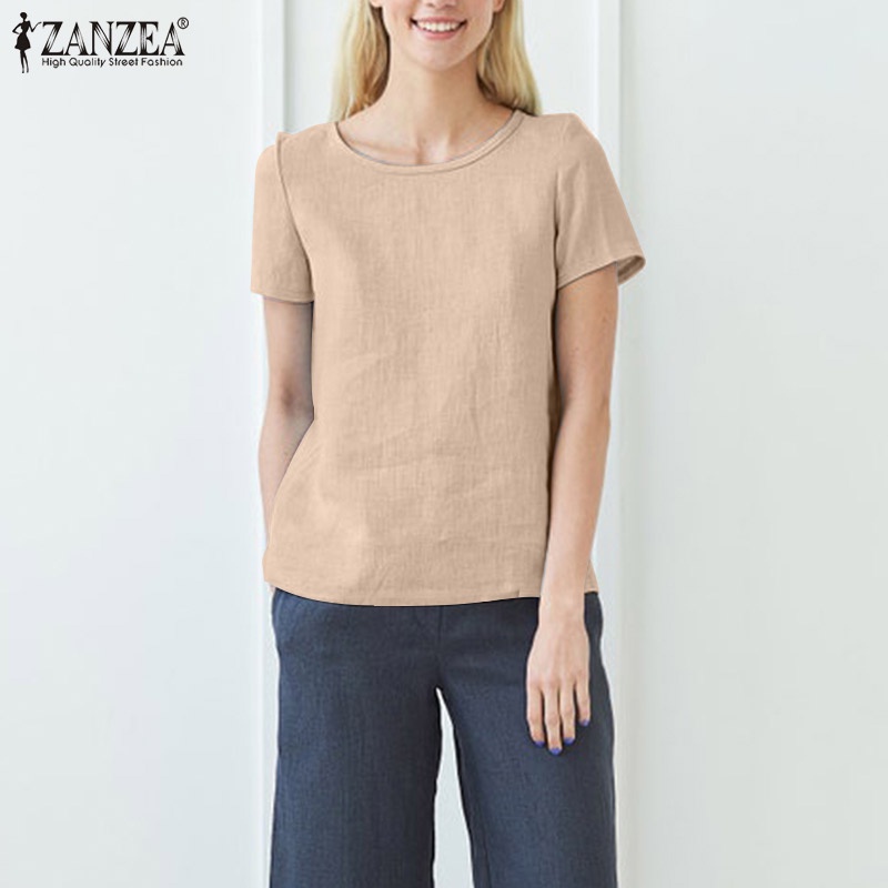 Áo thun nữ Zanzea ngắn tay cổ tròn màu trơn phong cách vintage