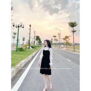 Váy yếm nhung tay pha dành cho nữ