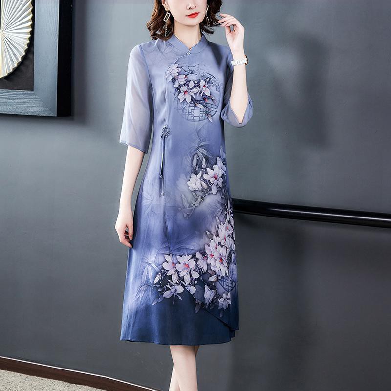 áo mẹVáy in hoa cổ điển liền nữ cao cấp sườn xám cải tiến dài TRUNG NIÊN cho người mẹ mùa hè Size Lớn