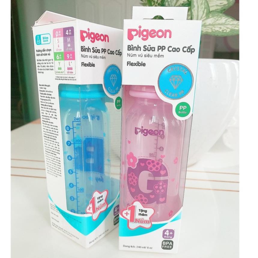 [Mã FMCGMALL - 8% đơn 250K] Bình sữa Pigeon 120ml / 240ml cổ hẹp PP cao cấp bé trai, bé gái