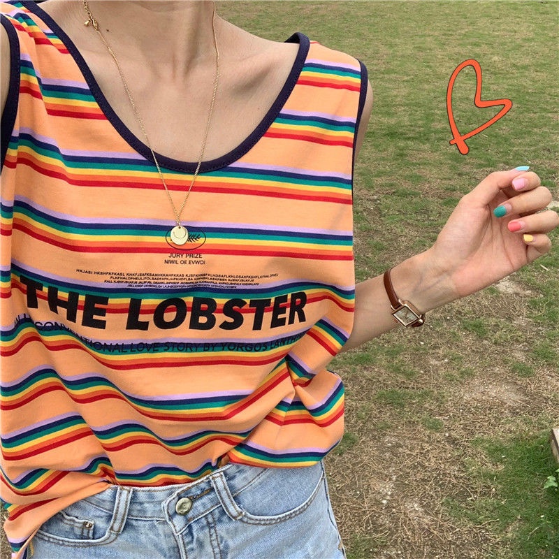 Áo không tay nữ Dáng Rộng In Chữ Màu Cầu Vồng Phong Cách Hàn Quốc Hàng Mới