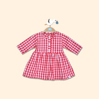 Váy Babydoll dài tay họa tiết kẻ caro đỏ trắng