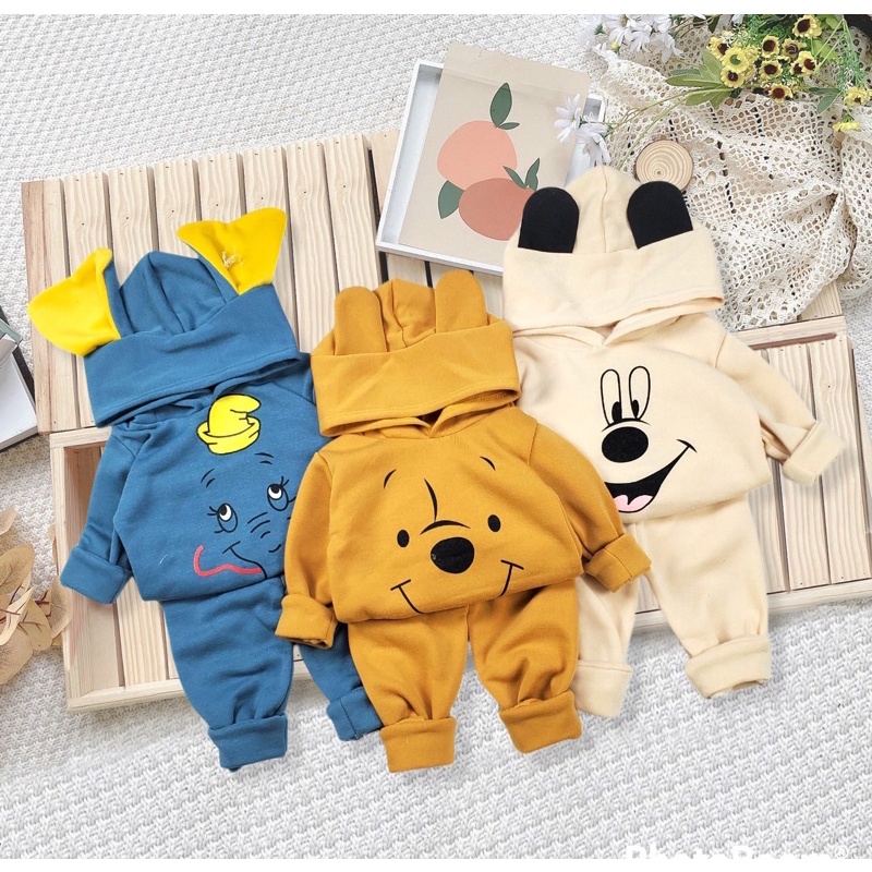 Bộ tai thú thu đông cho bé với chất nỉ bông mềm mịn thiết kế hình thú dễ thương có 3 màu các mẹ lựa chọn trong mùa này.