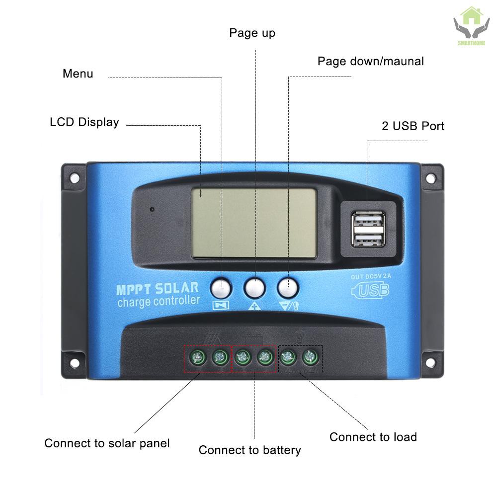 Bộ điều khiển sạc năng lượng mặt trời MPPT 100A có màn hình LCD và 2 cổng USB