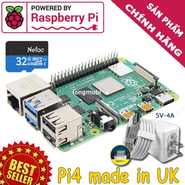 Raspberry Pi 4 Model B 2GB DDR4 | Made in the UK |Nguồn 5V-4A | Thẻ 32GB