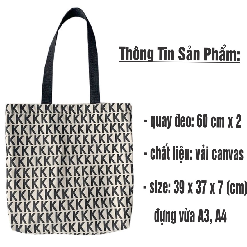 Túi tote , túi vải canvas in hình KKK size A4 có khóa miệng Hàn Quốc