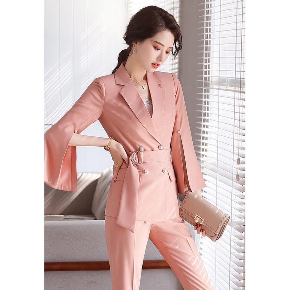 Bộ Vest Tay Xẻ Thắt Eo Cao Cấp - Set Vest Kaki Lụa Công Sở Sang Trọng Cho Nàng Doanh Nhân | BigBuy360 - bigbuy360.vn