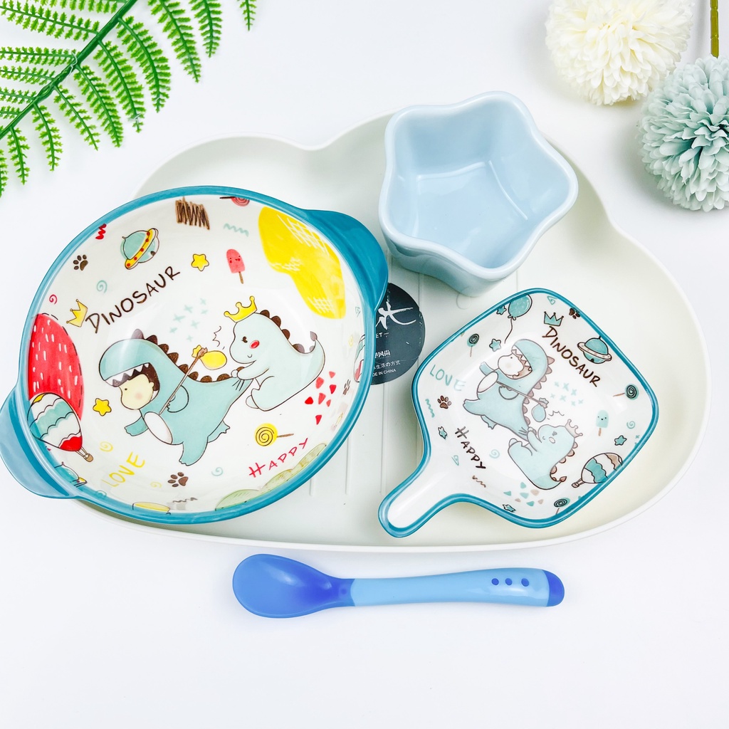 Bộ Bát Sứ Ăn Dặm Cho Bé Từ 5 Tháng Kiểu Nhật Đủ Màu Gồm Khay Bát Thìa Báo Nóng Gốm Sứ Cao Cấp Babyducky Store