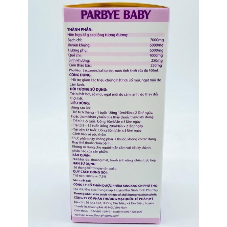 Siro PARBYE BABY dành cho bé hắt hơi, sổ mũi, ngạt mũi chai 100ml hàng Nhật