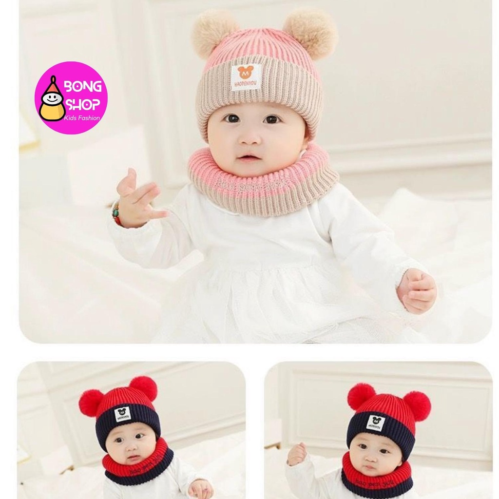 Mũ Len Cho Bé Kèm Khăn Quàng Cổ 0-3 Tuổi