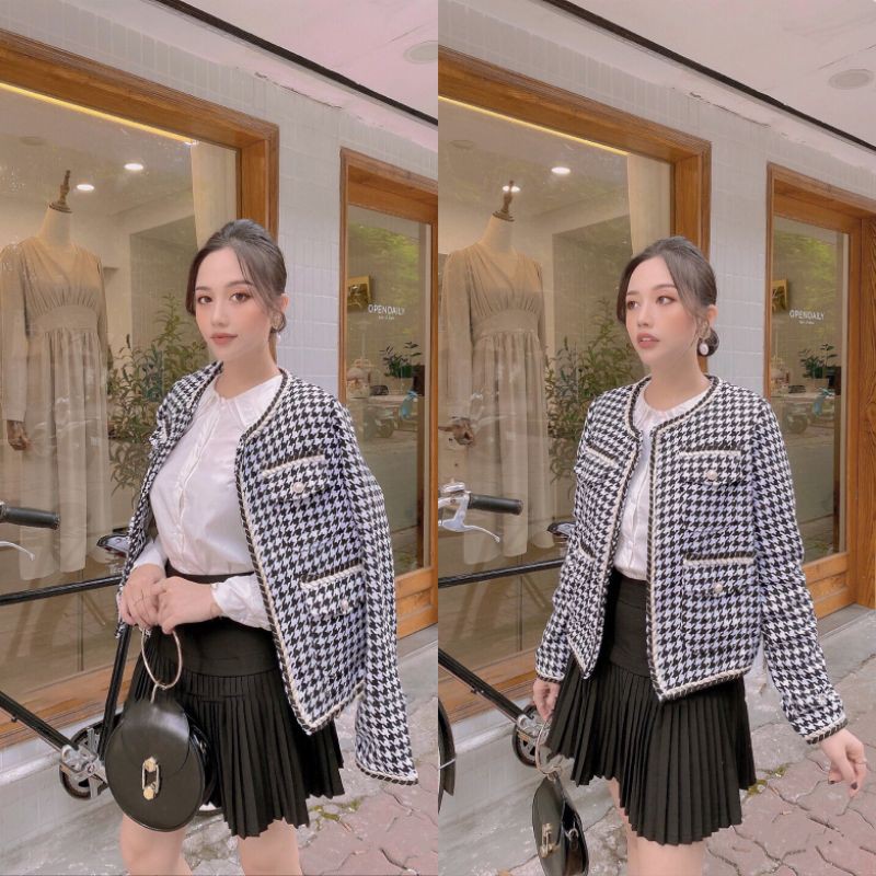 A7130 Áo Dạ Tweed caro chạy viền phối túi cúc ngọc sang chanh, Áo khoác dạ thiết kế sang trọng, dài tay, dễ phối dễ mặc.