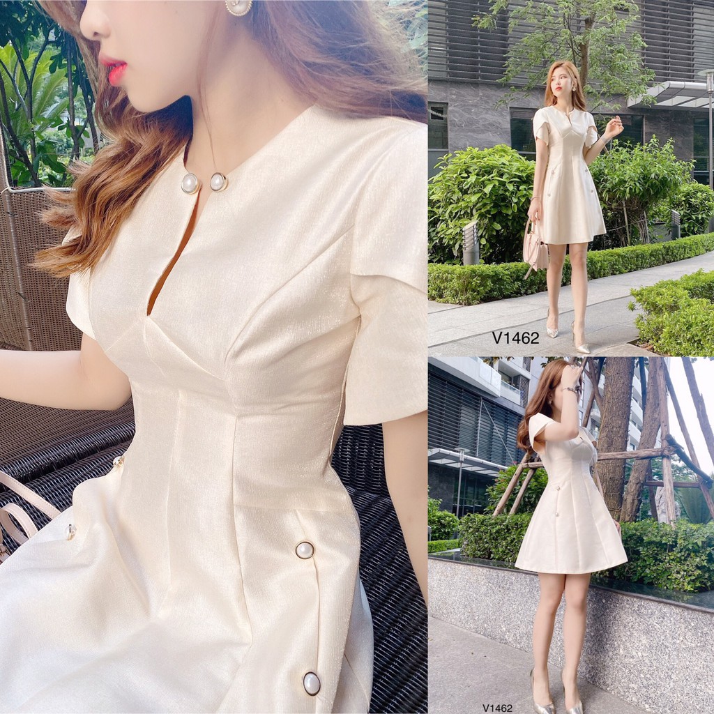 Váy tafta màu kem V1462 - Đẹp Shop DVC - Kèm ảnh thật trải sàn do shop tự chụp