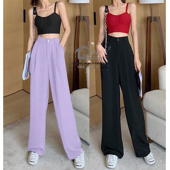 Quần suông nữ ống rộng - Lưng cao - Vải tuyết mưa đẹp mềm mịn - 2 màu ĐEN TÍM | BigBuy360 - bigbuy360.vn