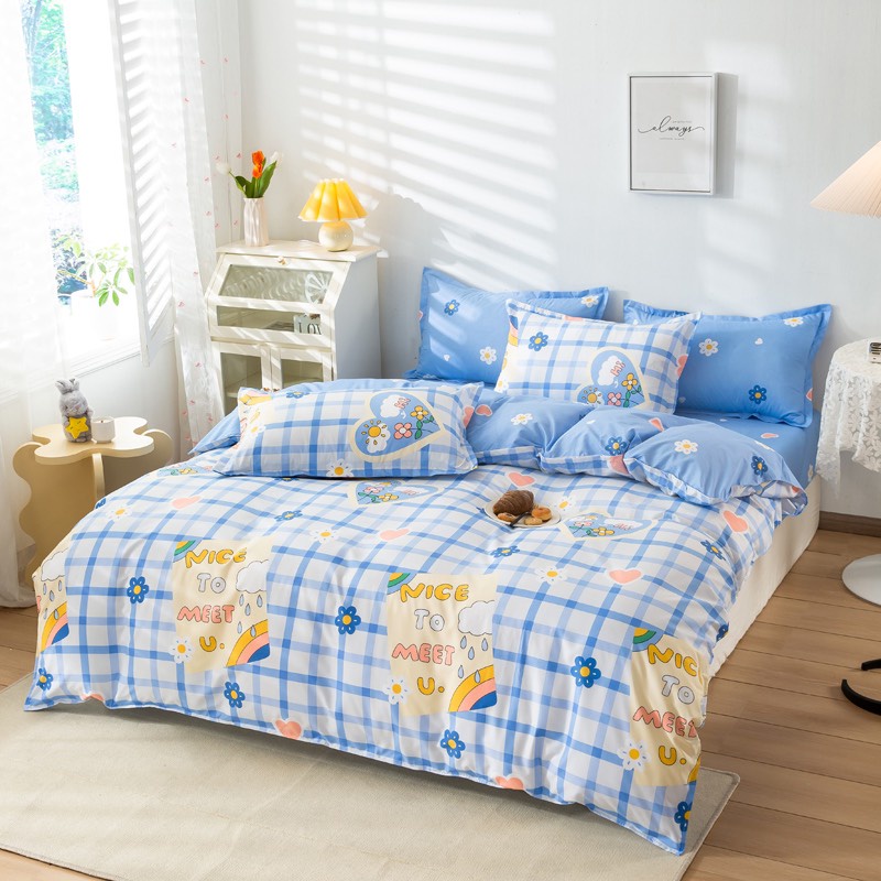 Bộ chăn ga gối Poly Cotton HQ Kẻ caro Nice đáng yêu dễ thương (Tặng vỏ gối ôm) - Miễn phí bo chun