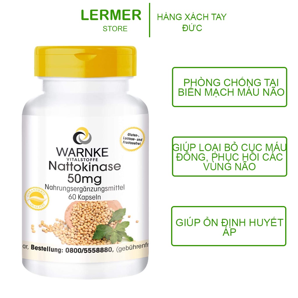 Viên uống chống đột quỵ Warnke Nattokinase 50mg, 60 viên