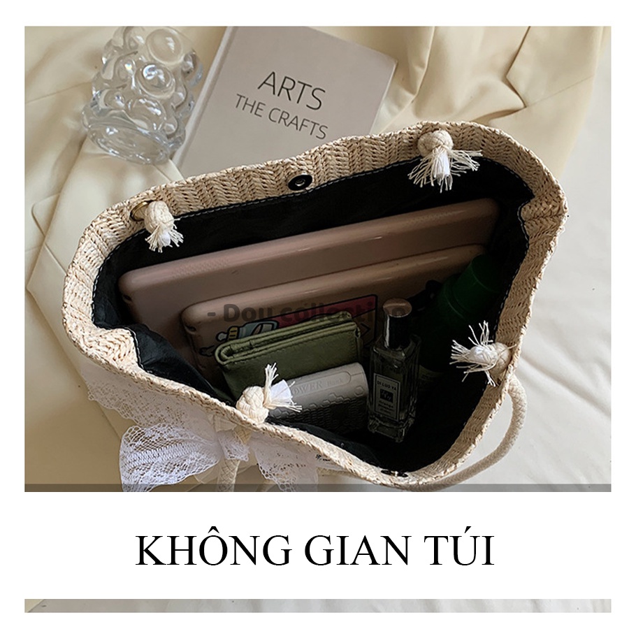 [NowShip2h] Túi Cói Kẹp Nách (Túi Xách Đeo Vai) Tote Thêu Hello Phối Nơ Ren Thời Trang Đi Biển - Mã XT056