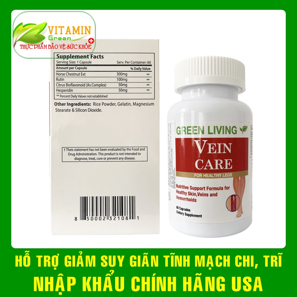 Viên uống giảm suy giãn tĩnh mạch chi và co búi trĩ GREEN LIVING VEIN CARE 60 viên | Nhập khẩu chính hãng Mỹ
