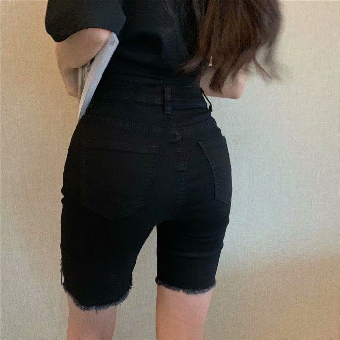 Quần short denim lưng cao ống suông phối rách thời trang mùa hè dành cho nữ