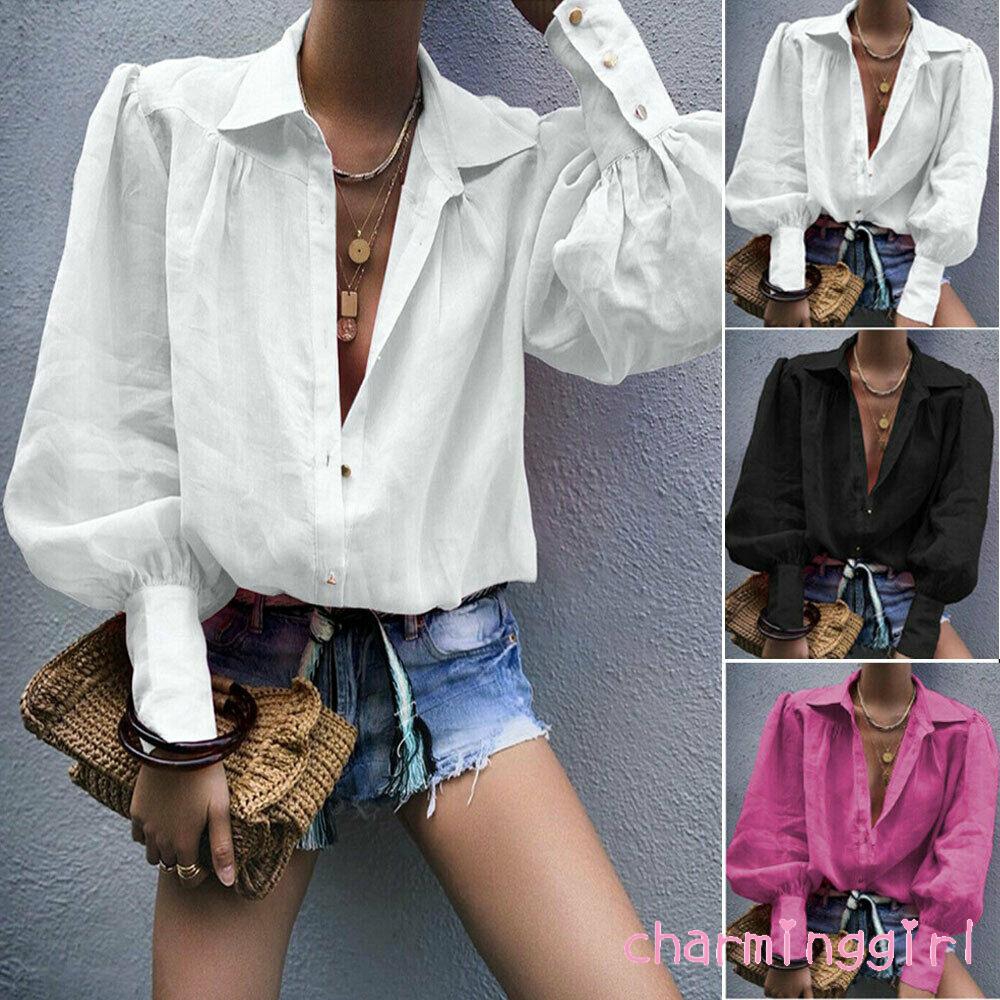 Áo sơ mi tay phồng màu trơn thời trang cá tính cho nữ