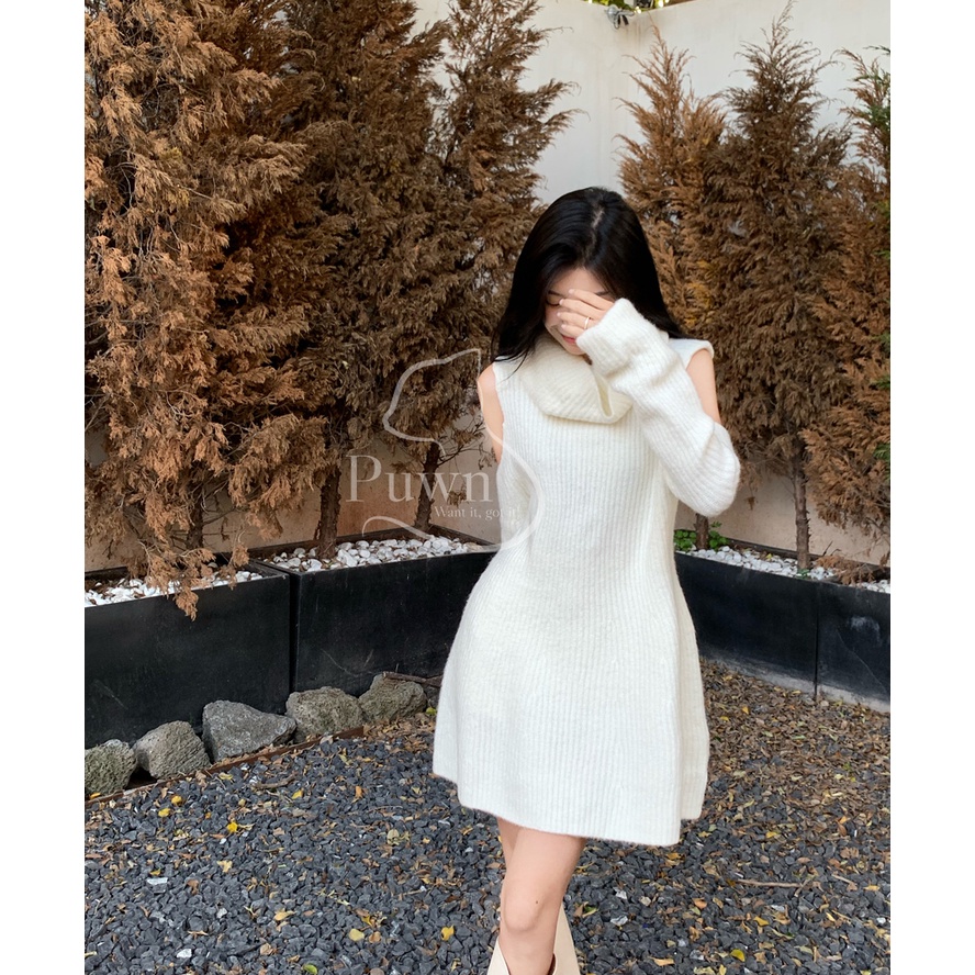 Váy len trắng cao cổ khoét vai trắng Giáng sinh Noel ấm áp Puwn Shop