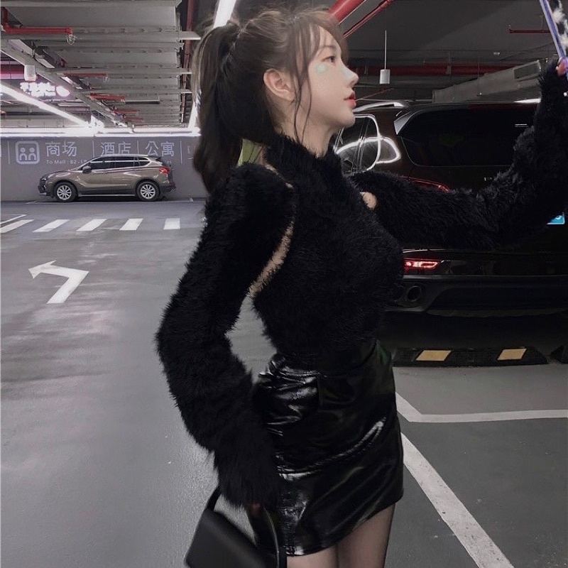 SET ÁO CHOÀNG LÔNG VÀ ÁO YẾM HỞ LƯNG CỘT DÂY MIX CHÂN VÁY DA SEXY