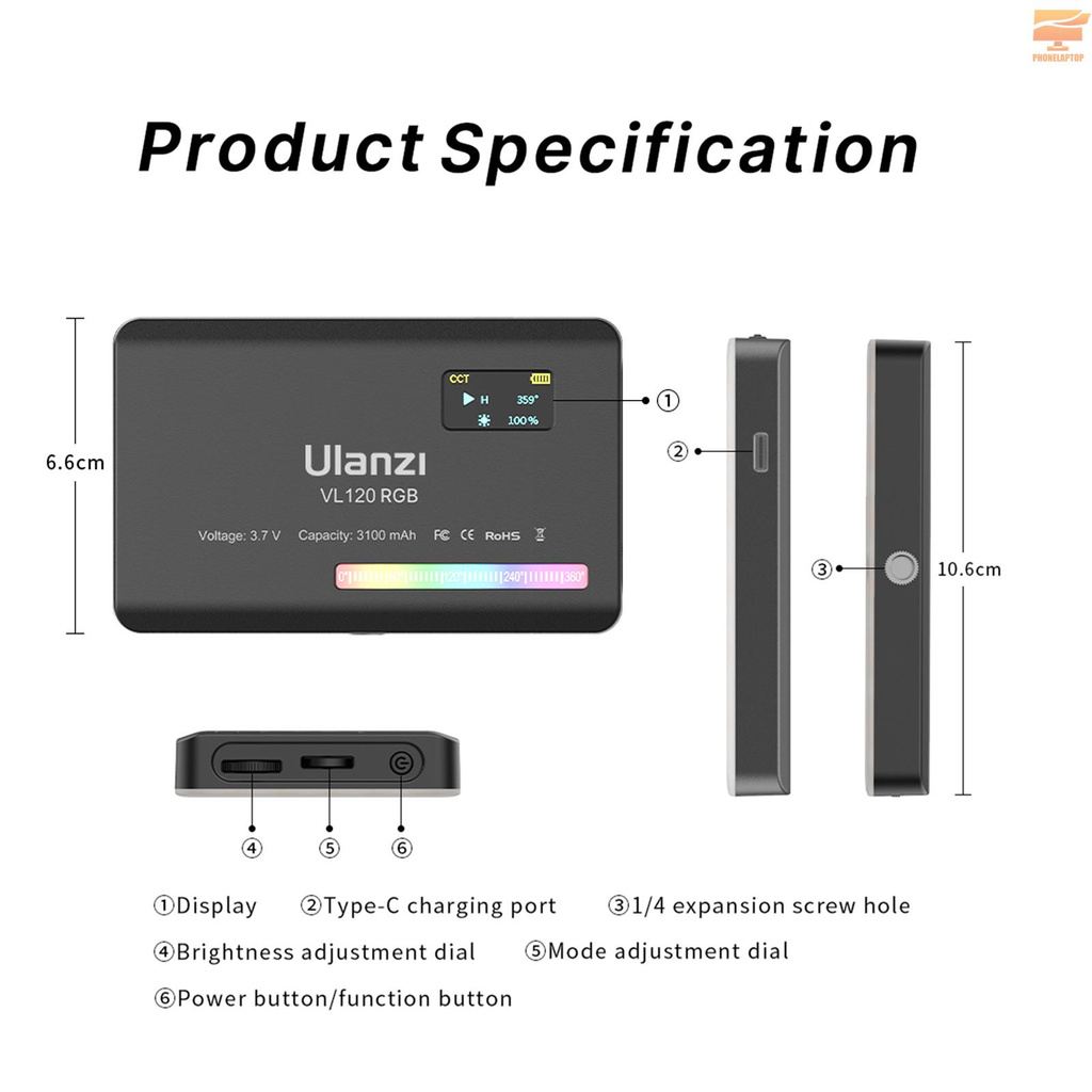 Đèn LED quay phim Ulanzi Vl120 Rgb 2500k-9000k Cri95 + 20 hiệu ứng chiếu sáng có thể sạc lại