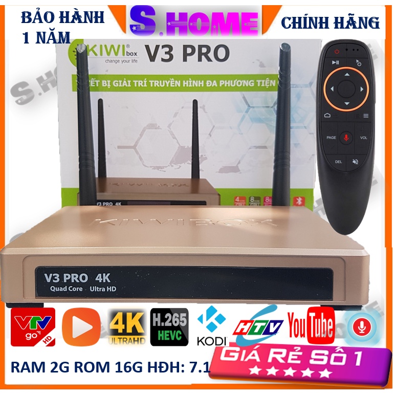 Android TV Box Kiwibox V3 pro Android 7.2 Điều khiển Voice- Anten Wifi, Bluetooth - Hàng Chính Hãng
