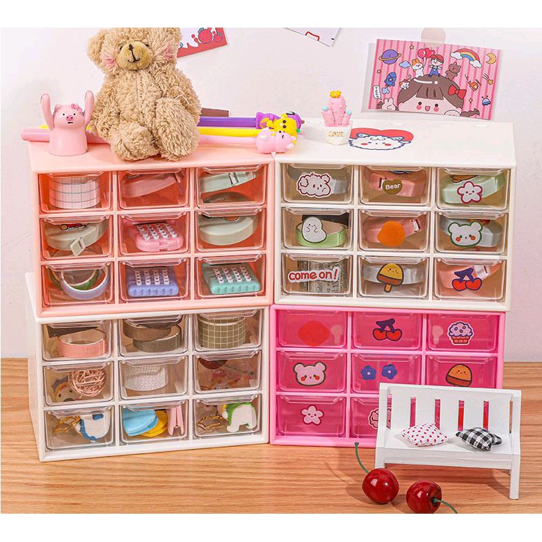 Tủ mini 9 ngăn, hộp 9 ngăn kéo dễ thương chống bụi lưu trữ để bàn đựng trang sức vòng tay mĩ phẩm đồ dùng học tập.