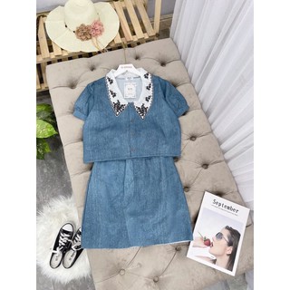 Set áo váy bò cổ thêu