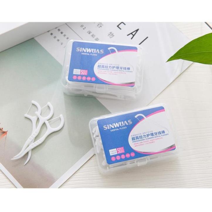 Tăm chỉ kẽ răng nhựa hai đầu tiện dụng💓FREESHIP💓 Combo 50 tăm xỉa răng SinWuas 2in1, tăm tích hợp chỉ nha khoa 8557