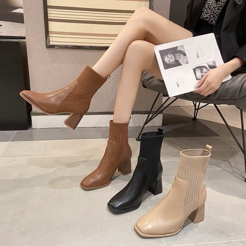 Boots nữ cổ len ngắn mũi vuông gót cao 7cm không khoá