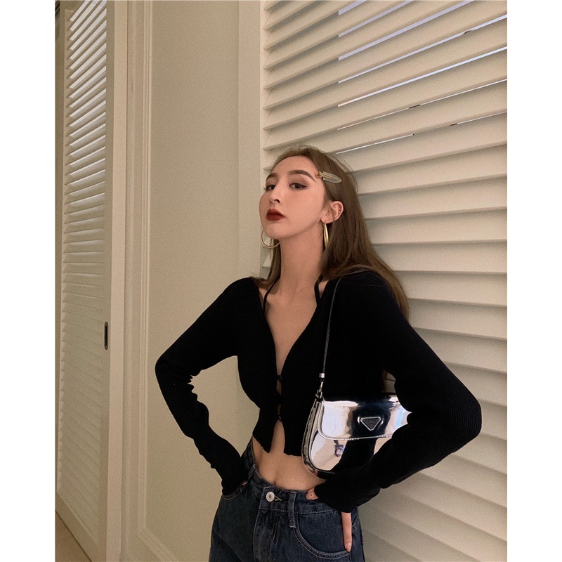 Porozi  Áo  vải dệt kim tay dài cổ chữ V dáng ôm phong cách Hàn Quốc dành cho nữ