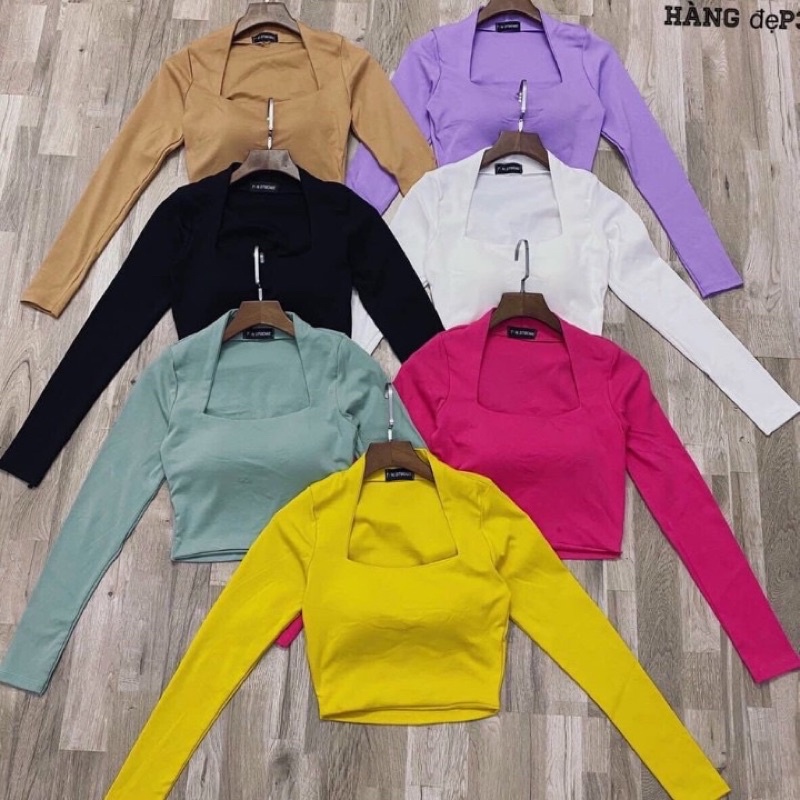 Áo kiểu croptop nữ đẹp ôm body tay dài cổ vuông sexy phong cách hàn quốc cực dễ thương mẫu mới thời trang 2021