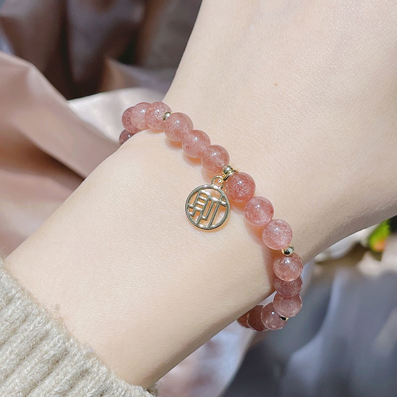 Vòng Tay Chuỗi Hạt Pha Lê May Mắn 6mm Họa Tiết Dâu Tây May Mắn