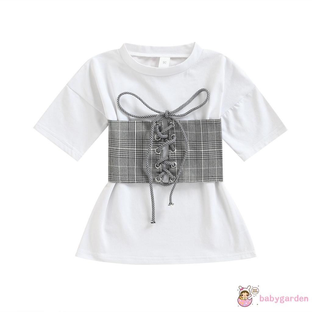 Váy thun tay ngắn kiểu cổ tròn trơn phối dây buộc thời trang cho bé gái từ 1 - 6 tuổi