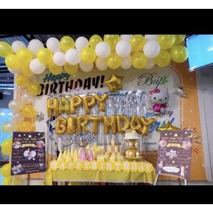 Combo Trang Trí Tiệc Sinh Nhật 2 Rèm Kim Tuyến, Bóng Chữ Happy Birthday và 50 bong bóng tròn+ bóng sao +bơm keo