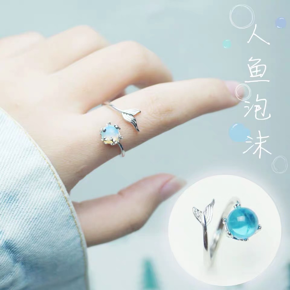 Nhẫn đeo ngón tay dạng mở đính pha lê màu xanh dương phong cách nàng tiên cá cho học sinh
