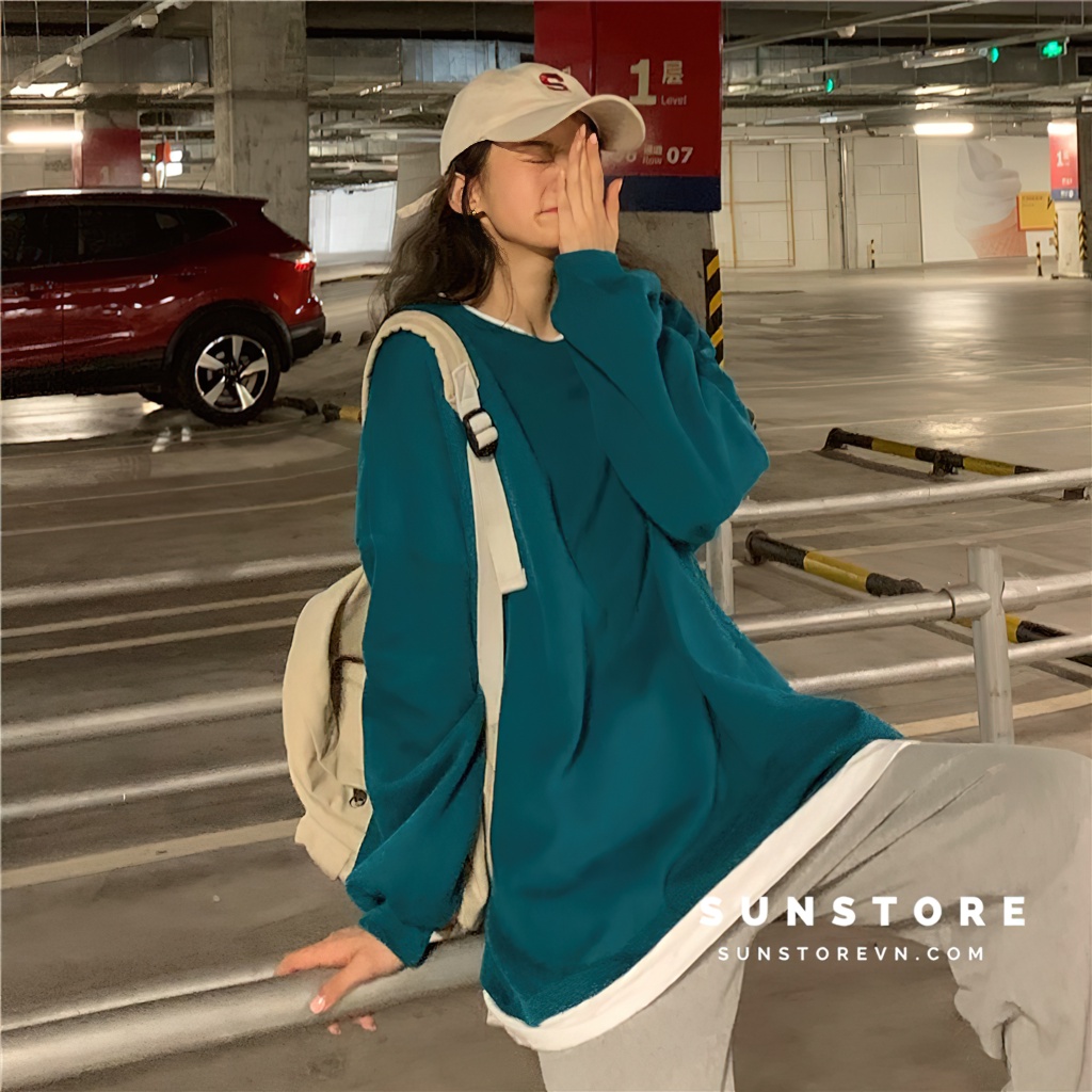 Áo tay dài form rộng oversize unisex kèm lớp lót thun trắng bên trong 2 màu đen và xanh thời trang thu đông Ulzzang
