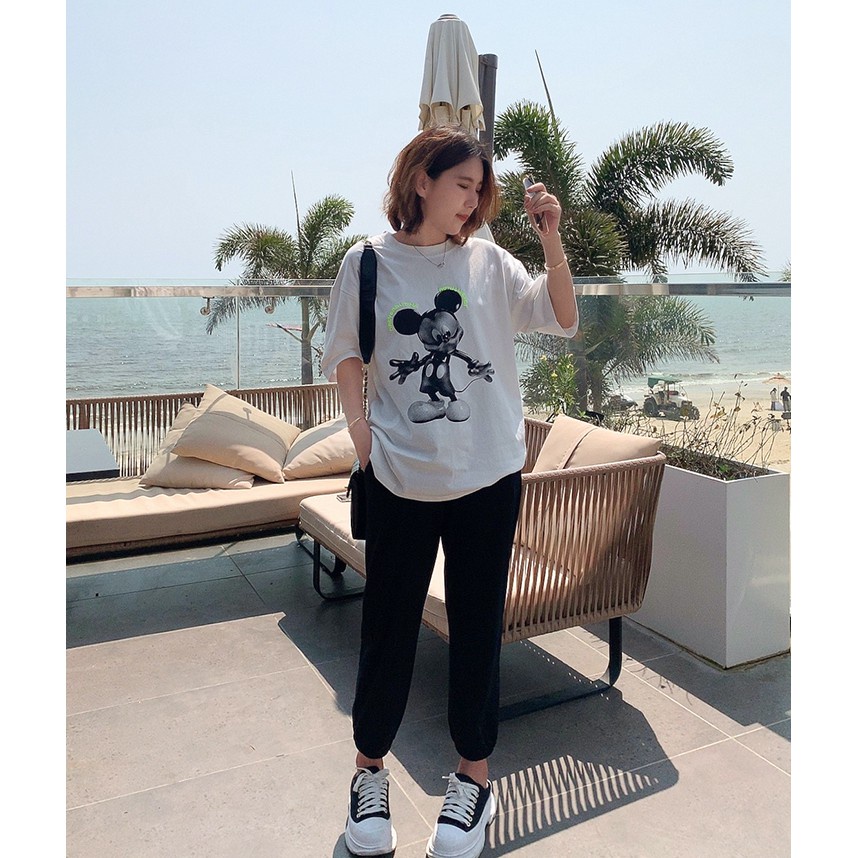 Áo Thun Nữ Tay Lỡ Phông Form Rộng Dáng Unisex - Mẫu Mickey 2 Màu Đen Trắng