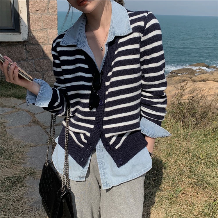 Áo khoác cardigan dệt kim mỏng dáng rộng kẻ sọc phong cách Hàn Quốc tùy chọn màu sắc xinh xắn cho nữ