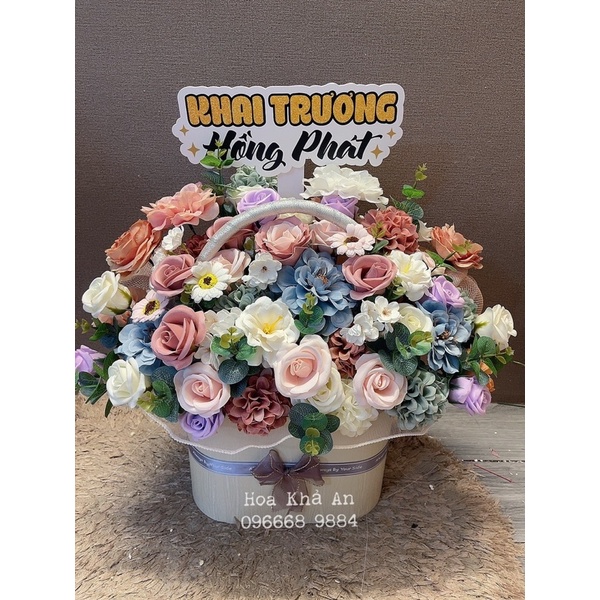 Lẵng hoa Khai Trương, Sinh nhật, Tân Gia. Hoa Sáp mix lụa cao cấp, thiết kế Khả An