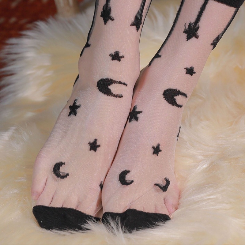 Xiangbao Vớ Lưới Lụa Mỏng Họa Tiết Trăng Sao Phong Cách Lolita Cho Nữ