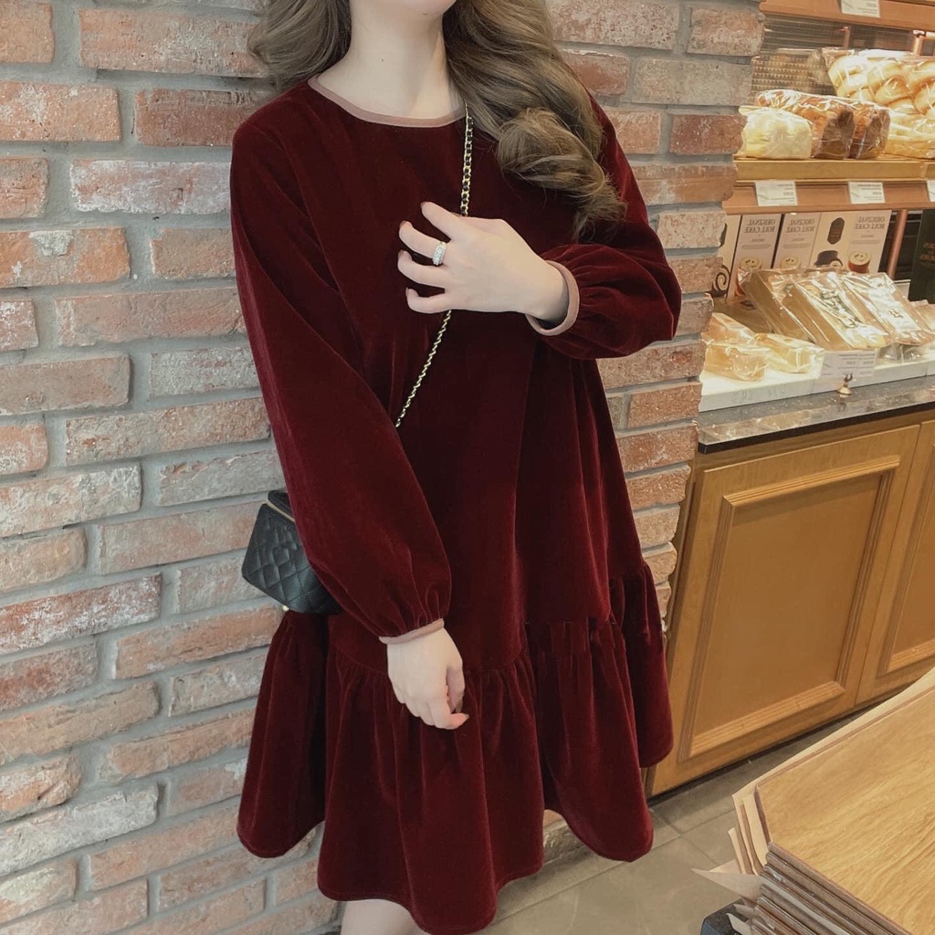 Váy bầu bigsize chất dạ nhung siêu cấp Đầm nữ tiểu thư dáng suông rộng che khuyết điểm mặc đi chơi dạo phố du lịch