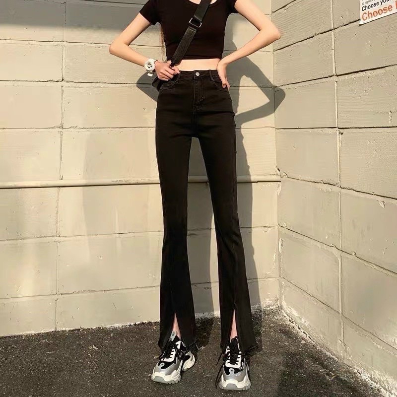 Quần jeans loe đen dáng dài xẻ gấu co dãn ôm dáng cực hot