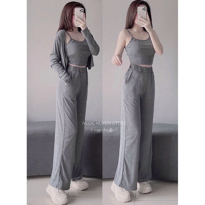 sét cotton 3 món áo hai dây kèm áo khoác lửng phối quần dài ống rộng tôn dáng đẹp hàng QCCC🌸❤️⭐️😜❤️🌸sa019